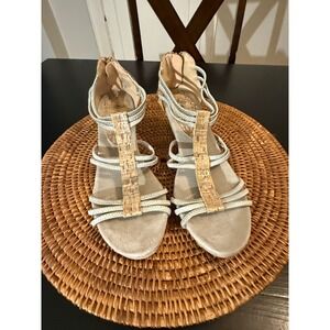 Dexflex Comfort Womens Silver Strappy Cork Wedge Sandals Back Zip Size 8